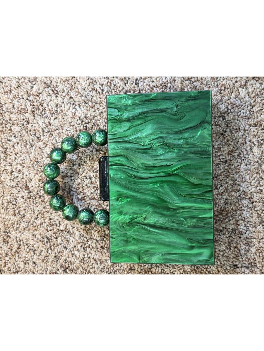 Trendy Green Acrylic Box Clutch with Beaded Handle - Picture 5 of 6